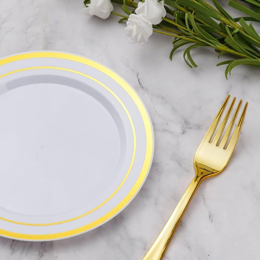 Goodluck 120PCS 7" Gold Dessert Plastic Plates with 7.4" Forks, Gold Appetizer Plates for 60 Guests, Including 60 Disposable Cake Plastic Plates and 60 Forks for Wedding/Birthday Party