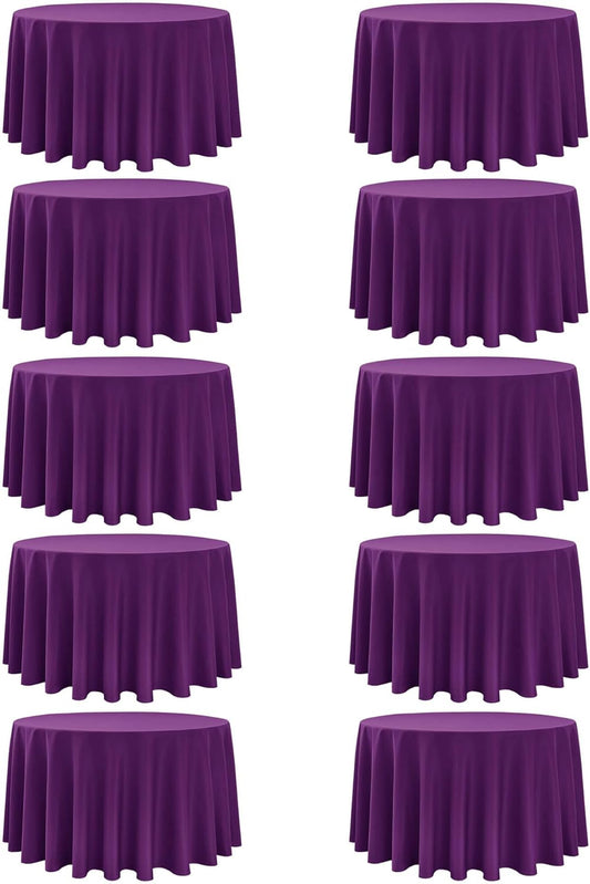10-Pack Purple Round Tablecloths, 108 Inches, Stain-Resistant Polyester for 4-5 Ft Round Tables - Washable Table Covers for Weddings, Banquets, Birthday Parties, Events