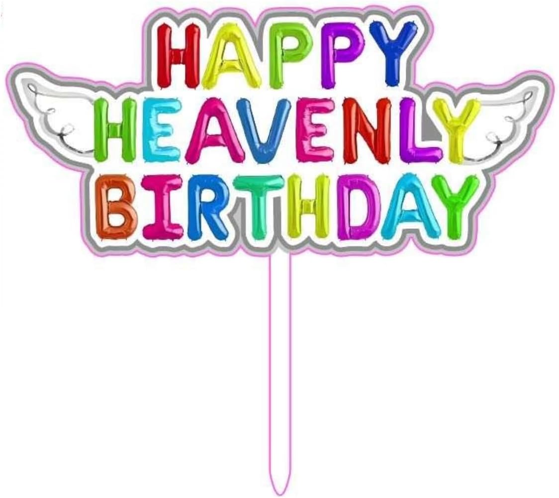 Original Heavenly Birthday Cake Topper - Colorful "Happy Heavenly Birthday" with Angel Wings - 2 Pack Memorial