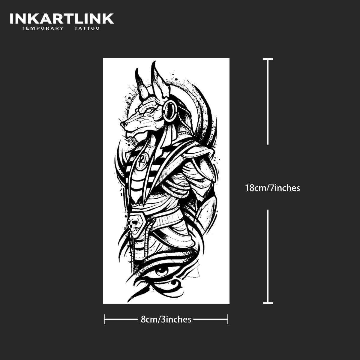 INKARTLINK Tattoo Tech, 2 Sheets Large Semi Permanent Tattoo, Adult Art Design Temporary Tattoos, Lasts 1-2 Weeks, Waterproof, Realistic Look, No Adhesive, No Reflection (Anubis Design)