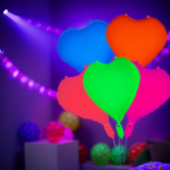 Mega-L Glow in the Dark Party Supplies, 5 Pcs Neon Heart Balloons Set – Fluorescent Red, Lemon Yellow, Fuchsia, Blue and Orange Balloons Perfect for Birthday, Wedding, Anniversary, Carnival