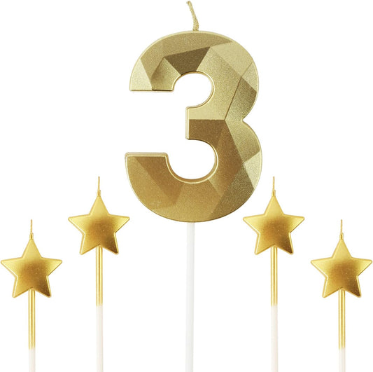 Golden Number 3 Birthday Candles and Star Birthday Candles 2.76 inch Birthday Cake Candles 3D Diamond Shaped Candles are Suitable for Birthday Parties and Anniversary Cake Decorations Candles(Gold 3)