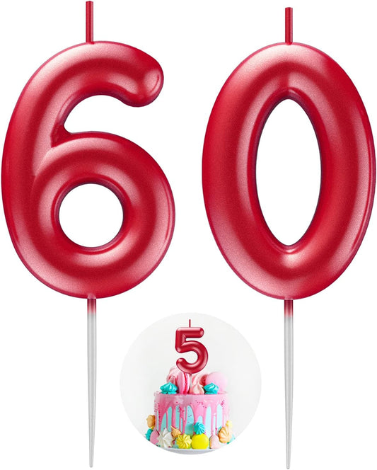Red Number 60 Candle Happy Birthday 3D Number Candles for Birthday Cake Party Decoration Wedding Anniversary Celebration Supplies