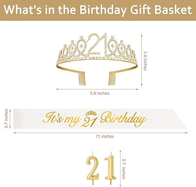 21st Birthday Decorations for Her with 21st Birthday Sash White and Tiara Gold, 21 Candles Gold, 21 Year Old Gifts for Her