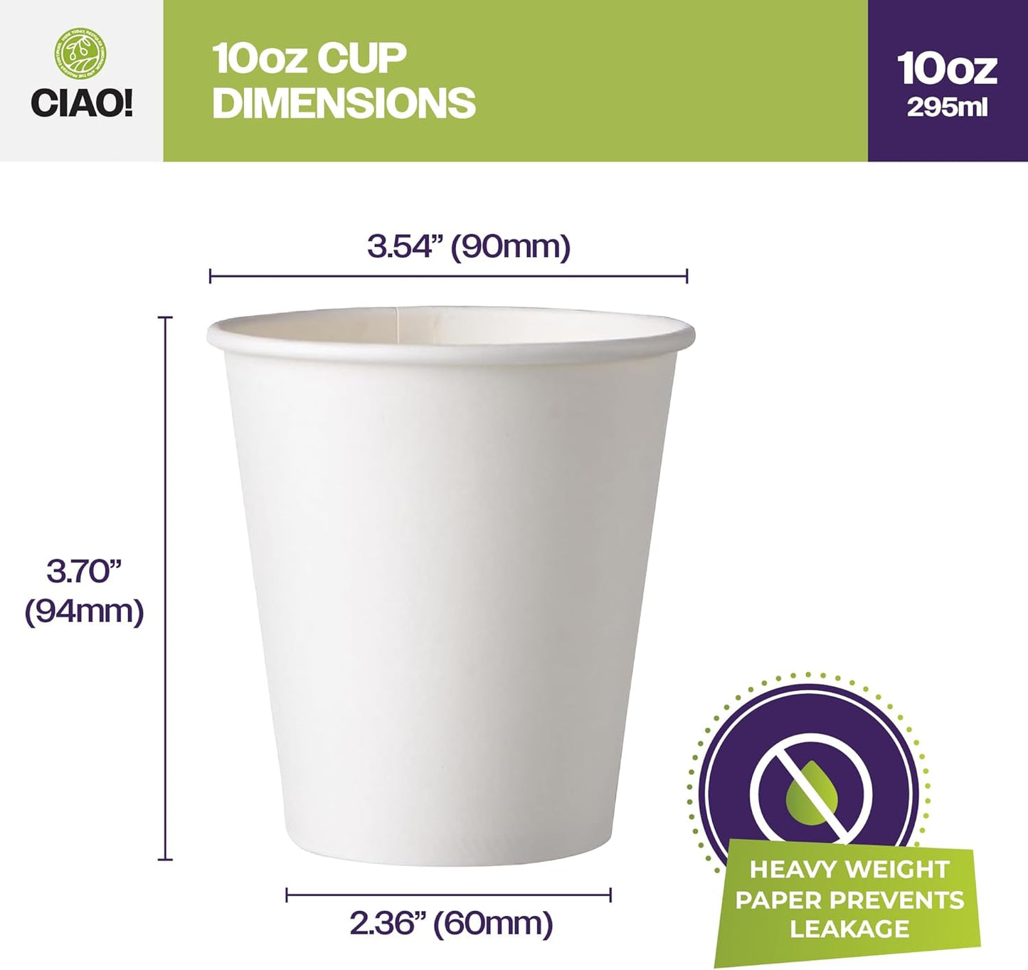 CIAO! 10oz White Paper Hot Cup, Disposable, 90mm Diameter 1,000 Count