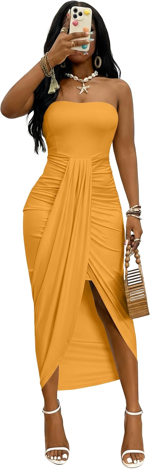 Umenlele Women's Strapless Ruched High Waist Wrap Split Asymmetrical Beach Maxi Long Dress