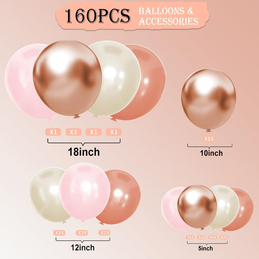 Dusty Pink White Rose Gold Balloons Arch Kit, 160Pcs Boho Retro Pink White Sand Metallic Rose Gold Blush Pink Garland for Girls Baby Shower Bridal Shower Birthday Wedding Party Decorations