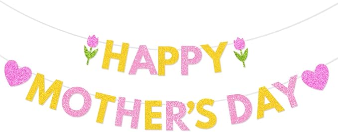 Happy Mother's Day Banner Set Decoration for Mother's Day Party Decorations Backdrop Garland for Mom Mother's Day Glitter Garland Photo Props (Pink Tulip Heart)