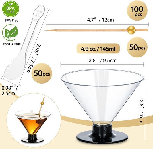 50 Pcs Mini Stemless Martini Glasses Set with 100 Cocktail Picks and 50 Mini Spoons, 5 oz Plastic Martini Glasses Disposable, Clear Martini Cups for Parties, Weddings,Holidays, Catering