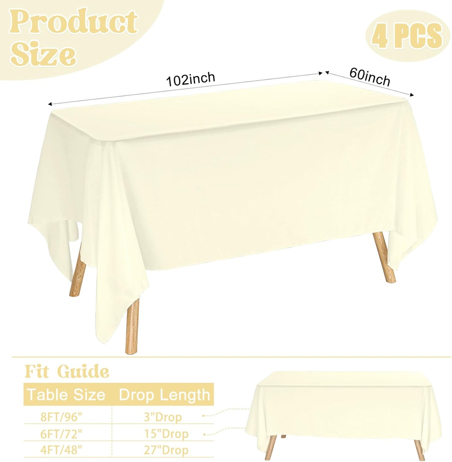 4 Pack Rectangle Tablecloth for 6 Foot Tables Washable Polyester Table Cover for Wedding Dining Table Parties Banquet（60x102 Beige）