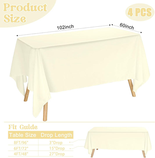 4 Pack Rectangle Tablecloth for 6 Foot Tables Washable Polyester Table Cover for Wedding Dining Table Parties Banquet（60x102 Beige）