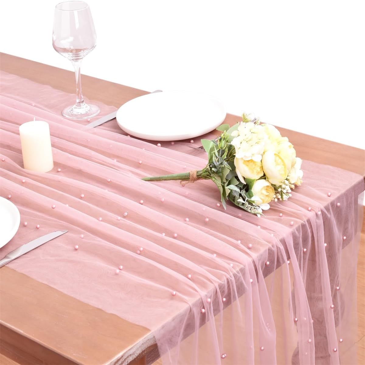 Dusty Rose Pearl Fall Thanksgiving Table Runner Boho Rustic Tulle Lace Table Runner for Baby Shower Wedding Arch Decor Veil Dessert Table Decor 3pcs