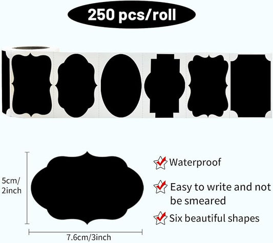 Yeachlaing Black Labels Stickers, 250 PCS 3" x 2" Fancy Shape Sticker for Storage Box or Food Jars Holiday Present Christmas Gift Tags