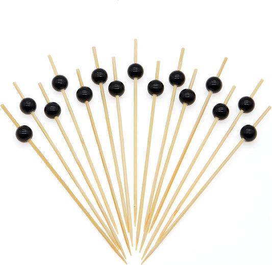 Minisland Black Pearl Cocktail Picks, 4.7 Inch Long Bamboo Fancy Toothpicks for Appetizers, Decorative Halloween Holiday Party Food Drink Garnish Fruit Kabob Skewer Sticks 100 Counts - MSL456