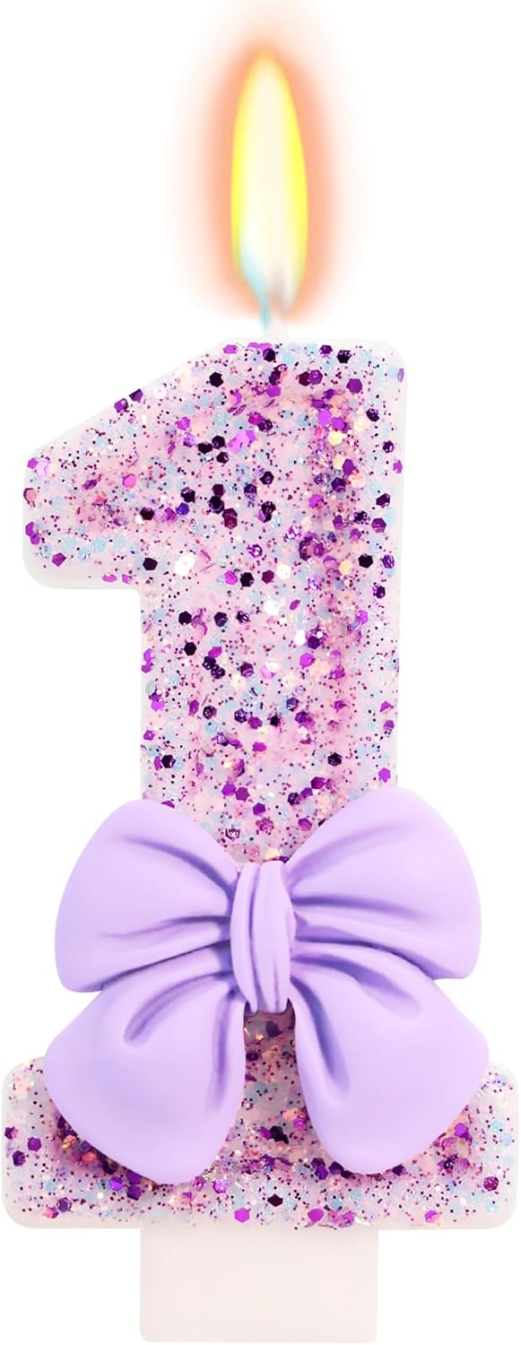 Birthday Candle for Cake, 1 Candle - Purple Bowknot, 2.76 inch Cake Topper Decoration for 1 Year Old Birthday Party (Number 1)