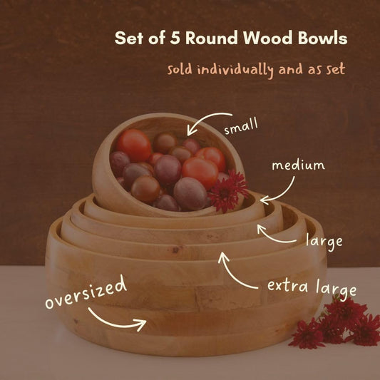 Salad Bowl Set of 5, Big Serving Dish for Pasta, Cut Fruit, Party, Catering, Wedding, Restaurant, Kitchen Countertop Fruit Bowl, Farmhouse Style, Mango Wood, 5pcs