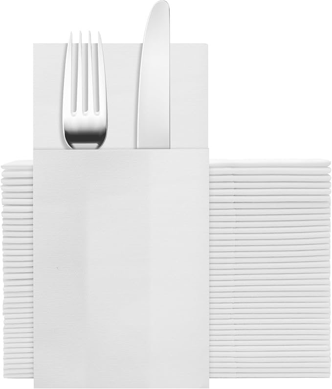 White Napkins Hand Towels Disposable, Linen-Feel Dinner Napkins with Prefolded Built-in Flatware Pocket, Guest Paper Hand Towels For Wedding, Dinner Or Party (16x16in, 50Pack）