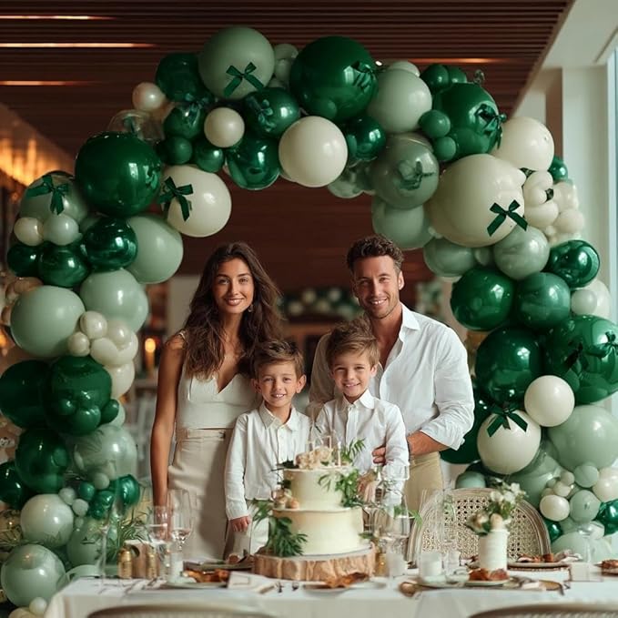 Emerald Green Balloon Arch Kit with Bow, Double Stuffed Dark Forest Hunter Green Dusty Pastel Light Green Balloon Garland for Birthday Bridal Baby Shower Graduation Jungle Safari Party Decoration