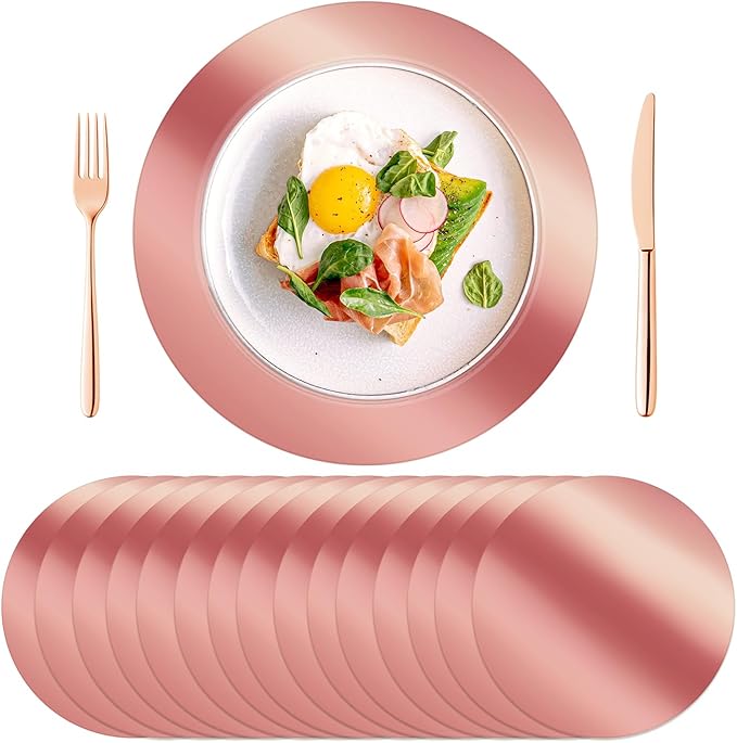 KesaPlan 100PCS Round Rose Gold Placemats, 13" Disposable Paper Placemats for Dining Table, Mirrored Rose Gold Charger Place Mat for Kitchen Banquet Table Setting Wedding Birthday Dinner Party Decor