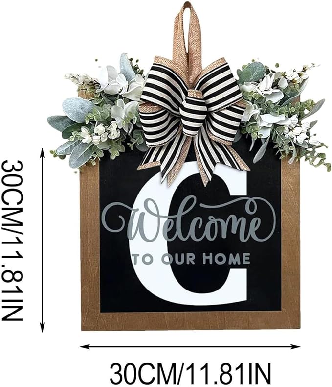 Last Name Year Round Front Door Wreath Front Porch Decoration 26 Letter Welcome Sign with Eucalyptus Garland and Bow Spring Wreaths for Front Door Outside Hanger Garland（C）