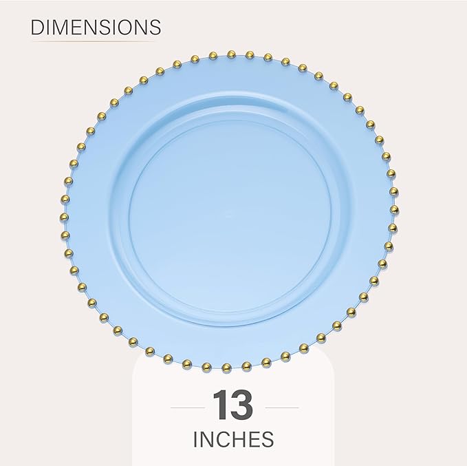 PLASTICPRO Translucent Blue with Gold Rim Plastic Charger Plates with Beaded Edge – Pack of 8 – 13" Elegant Round Disposable Chargers for Weddings, Events, Parties, and Dinners