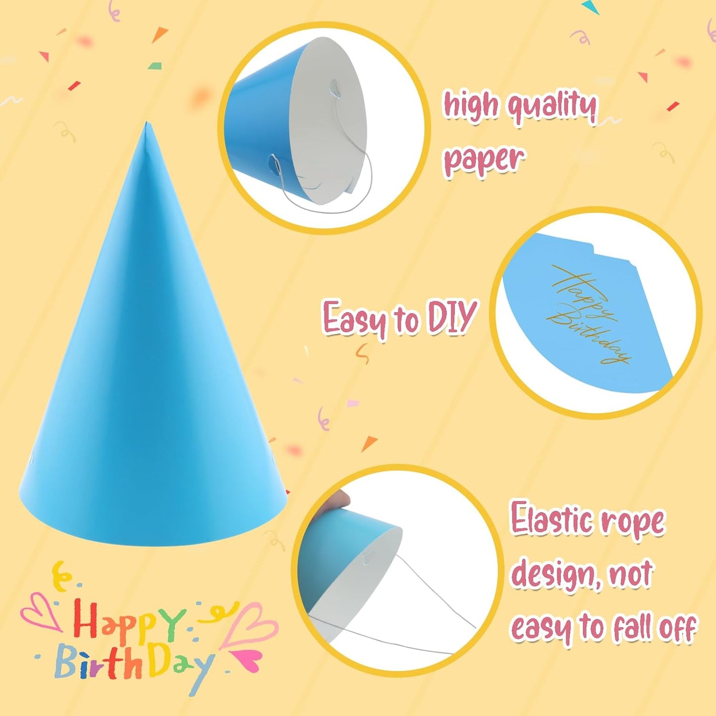 24 PCS Party Cone Hats DIY Birthday Paper Cone Hats for Kids and Adults Birthday, Baby Shower, Bridal Shower