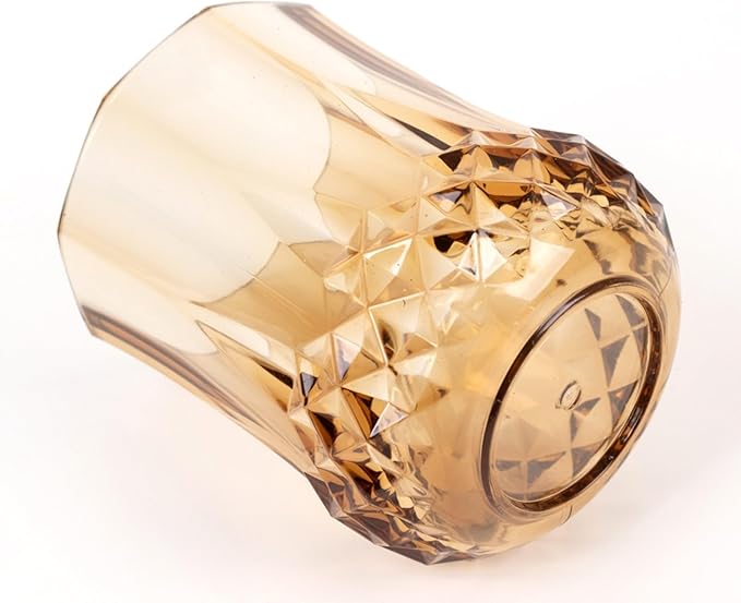 Efavormart 6 Pack Amber Gold Crystal Cut Plastic Stemless Wine Glasses, 8oz Shatterproof Reusable All-Purpose Whiskey Cups
