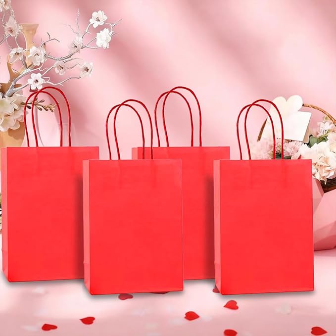 Piqiya Small Plain Kraft Paper Gift Bags with Handles - Red, 24pcs for Birthday, Wedding, Grocery, Retail, Business, Goody, Craft Bags
