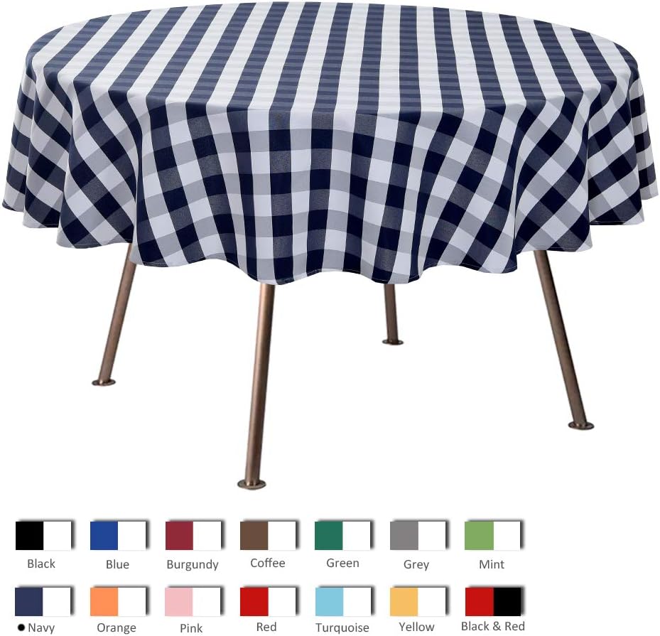 maxmill Round Checkered Tablecloth Spillproof Wrinkle Free Heavy Weight Gingham Table Cloth for Circular Table Cover Buffalo Plaid for Buffet Banquet Parties Holiday Dinner 70 Inch Navy and White