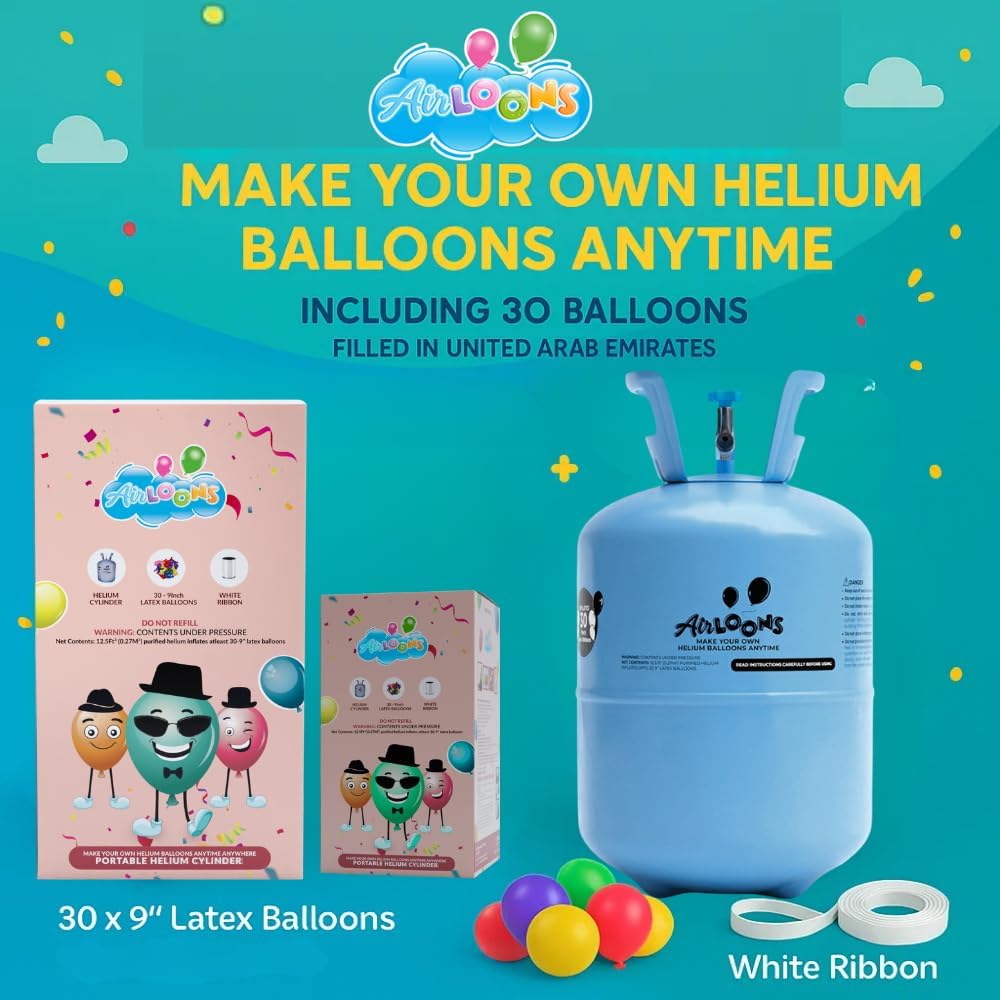 Airloons Helium Balloon Kit with 4 Pack 7.5 Cu Ft Tank - Includes 120 Multicolor 9 in Latex Balloons, Ribbon & Easy to Fill Nozzle - Easy Setup for Birthdays, Weddings, Baby Showers, DIY Party Décor