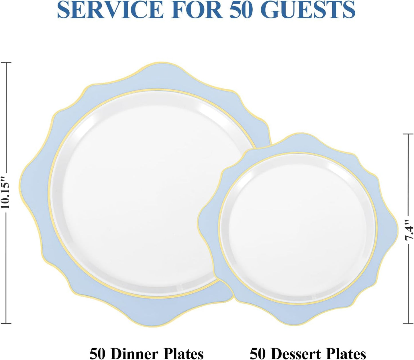 100 PCS White and Blue Disposable Plates for 50 Guests, Scalloped Plastic Plates Include 50 Dinner Plates and 50 Dessert Plates for Party, Wedding and Graduation