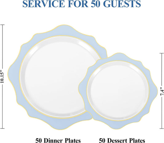 100 PCS White and Blue Disposable Plates for 50 Guests, Scalloped Plastic Plates Include 50 Dinner Plates and 50 Dessert Plates for Party, Wedding and Graduation