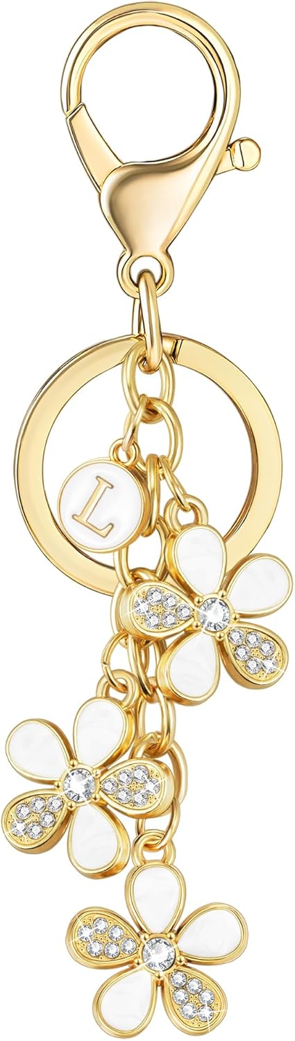 XGALBLA Cute Flower Crystals Rhinestone Initial Letter Keychain for Women, Bag Charms Bling Sparkly Enameled Keychain Handbag