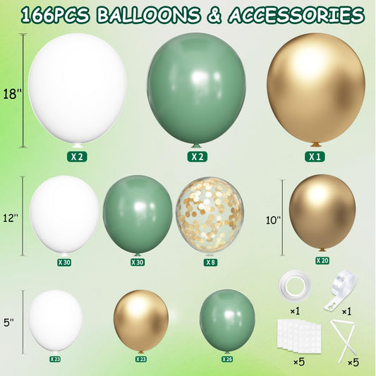 Sage Green Balloon Arch Kit, 166Pcs Olive Green White Gold Balloons Garland for Baby Shower Birthday Wedding Jungle Safari Party Decoration