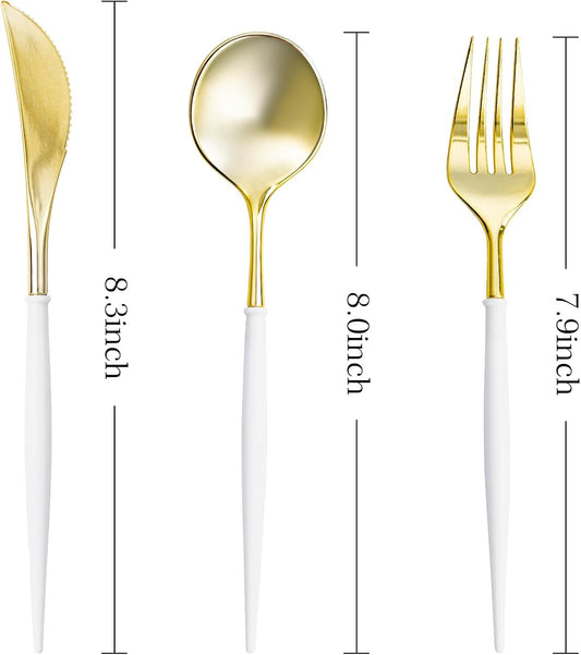 N9R 90PCS Gold Plastic Silverware - Gold Plastic Cutlery Set with White Handle, Heavy Duty Plastic Silverware with 30 Spoons, 30 Forks, 30 Knives - Perfect for Birthday Party, wedding and Everyday Use