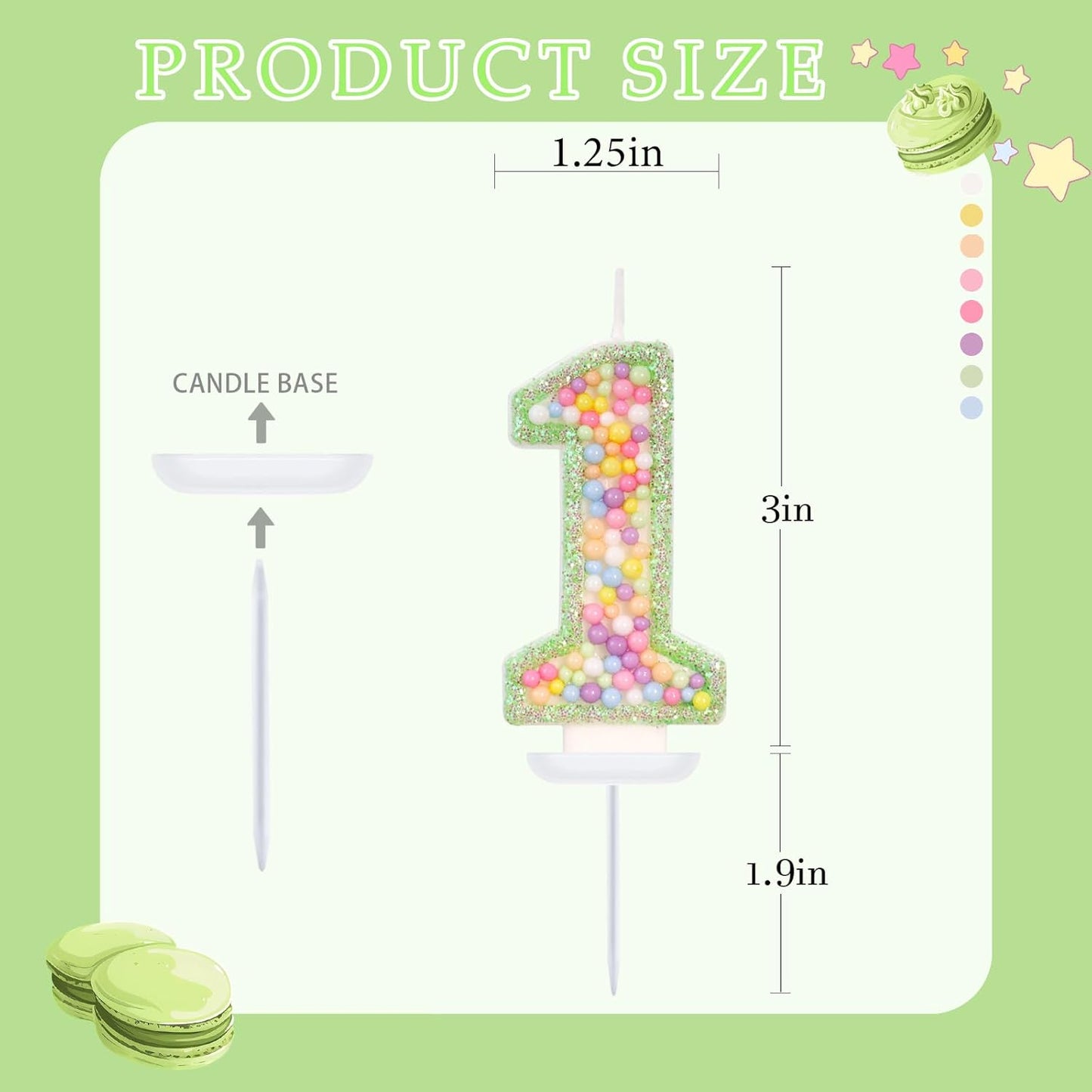 Birthday Candles - Number 1 Candle, Colorful Macaron Candles for Boys/Girls, Green Cake Decorations, Dinosaur Themed Party Supplies