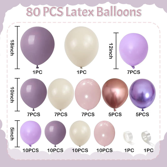Dusty Purple Balloons Garland Arch Kit, Pink Purple Metallic Rose Gold Balloon, Lilac Retro Pink Sand White Balloon for Boho Baby Shower Bridal Wedding Birthday Mother's day Butterfly Party Decoration