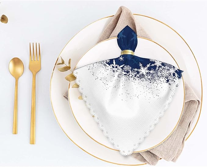 Yibeas Merry Christmas Snowflake Cloth Napkins Set of 4 Soft Winter Blue Frosty Snow Christmas Polyester Dinner Square Napkin for Family Restaurant Weddings Parties 18 x 18 inch