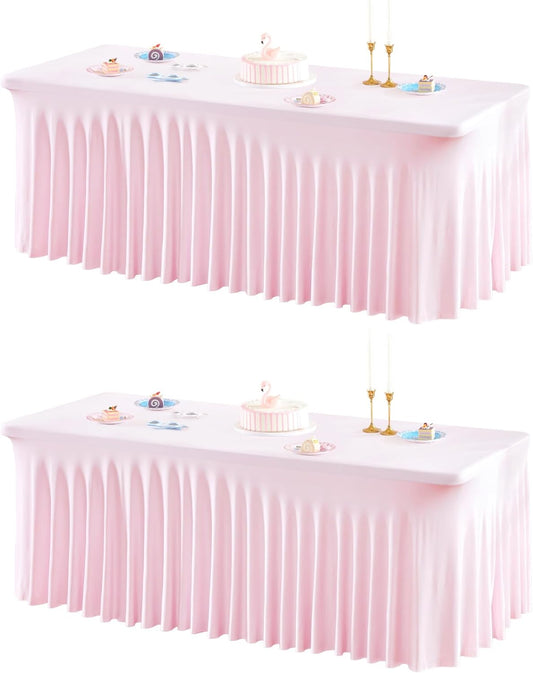 2 Packs Baby Pink Spandex Tableclothes for 8 Foot Rectangle Table, Spandex Table Covers 8FT Stretch Table Skirts Rectangle Wrinkle Free Fitted Table Cover for Event, Wedding, Banquet & Parties