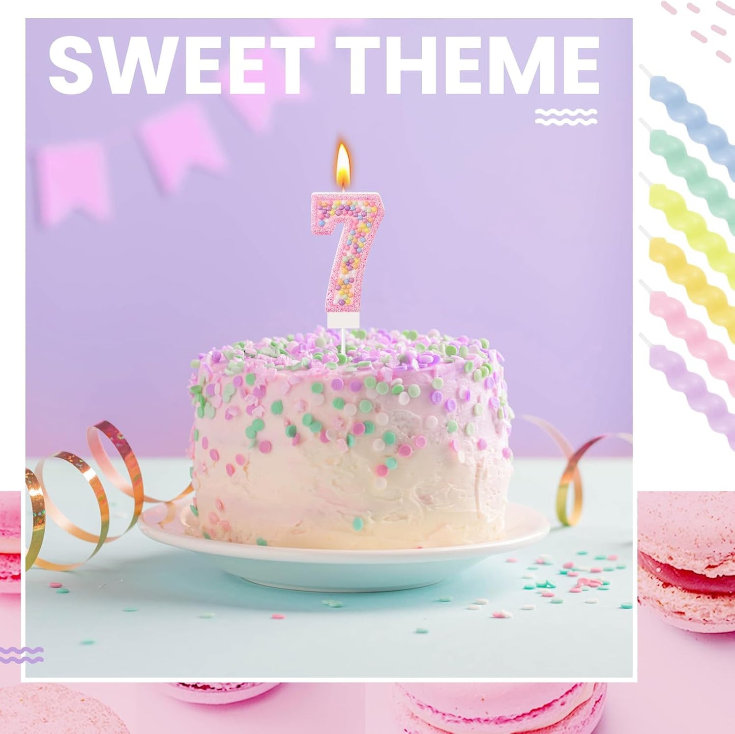 MTLEE Number 7 Birthday Candle with 12 Pcs Spiral Candles for Girls Macaron Pastel Rainbow Unicorn Pink Cake Topper for Sweet Theme Party Decoration