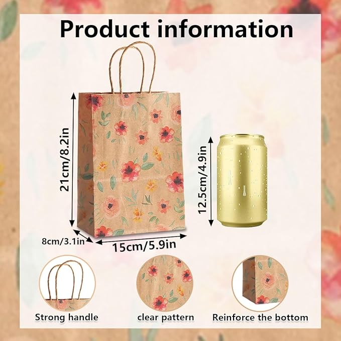 24pcs Floral Pattern Kraft Paper Bag Gift Bags with Handles for Party Favors, Mothers Day, Weddings, Birthday Celebration, Baby Shower,8.26×5.9×3.14inch