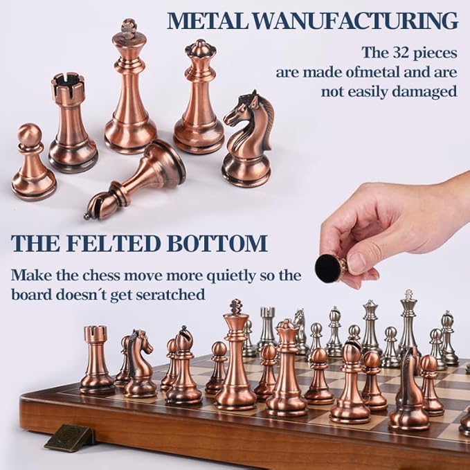 15 Inch Walnut Chess Board Set for Adults Kids Metal Chess, Folding Portable Travel Chess Game for Tournament Professional Beginner with Manual