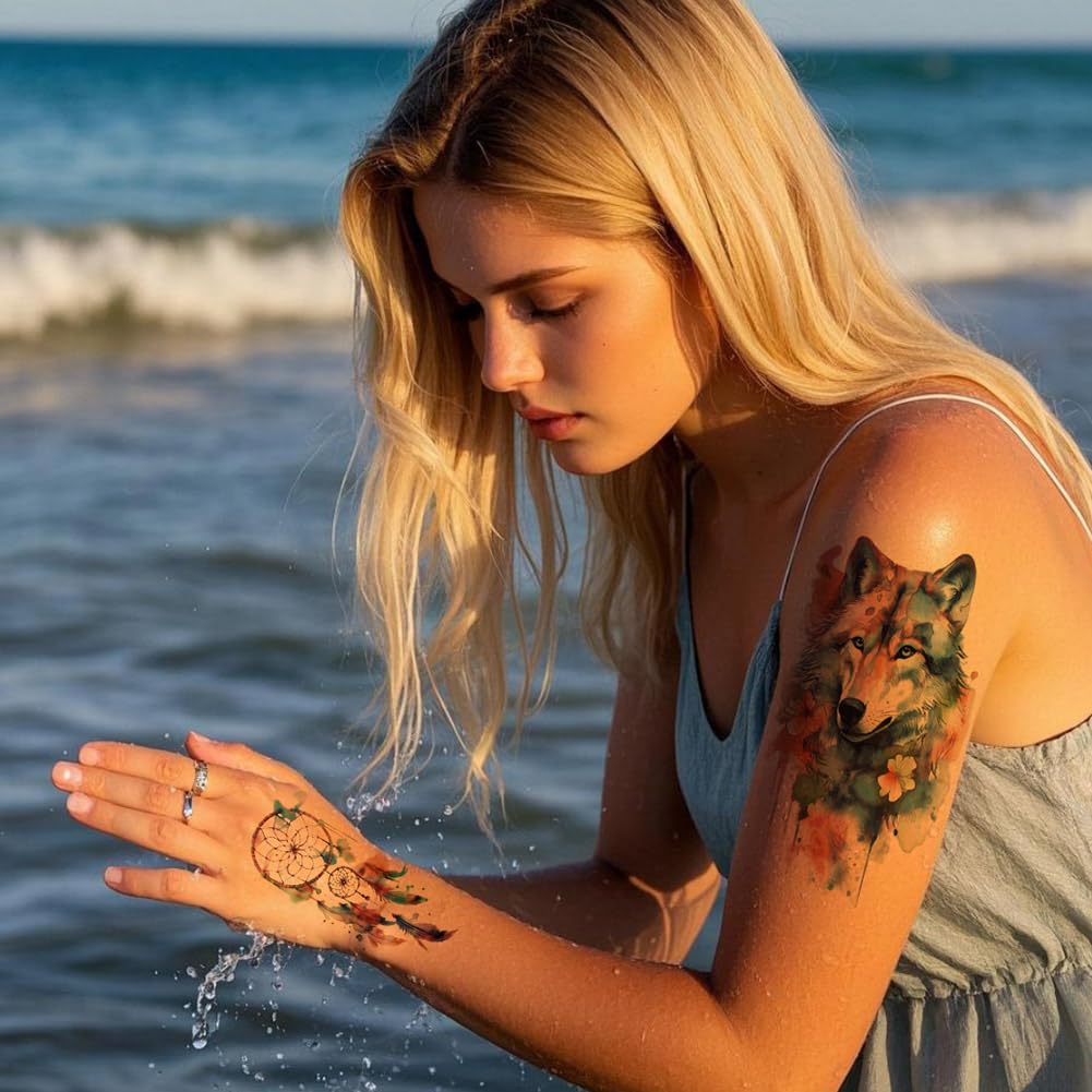 XMASIR 64 Sheets Temporary Tattoo Stickers, Large Arm Watercolor Fake Tattoos Waterproof Flower Animals Realistic 3D Roses Birds Floral Wolf Butterfly Body Art Stickers for Women and Man