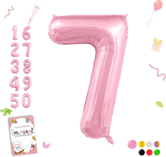 Smlpuame Pastel Pink 7 Balloons, 40 Inch Large Light Pink Foil Number Balloons 0-10, Self-Sealing 7th Birthday Balloon for Girls Women Anniversary Baby Shower Princess Party Decorations Supplies