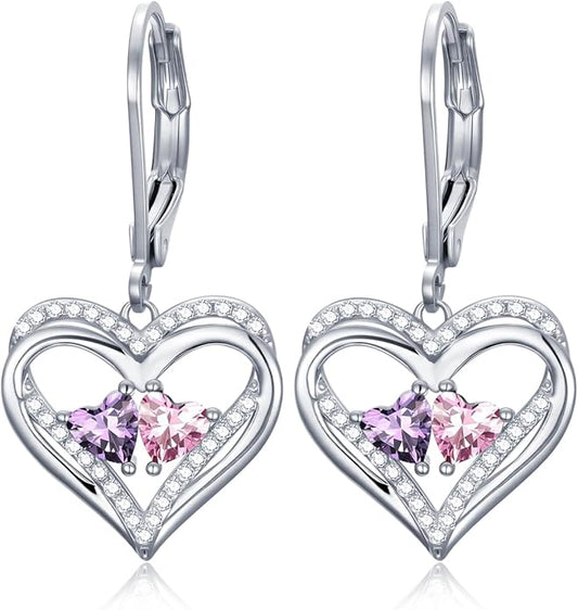 Valentines Day Gifts for Women, Heart Leverback Earrings Double Birthstone Dangle Earrings for Women, Love Jewelry for Her, Anniversary Birthday Gift for Mom Wife Girlfriend