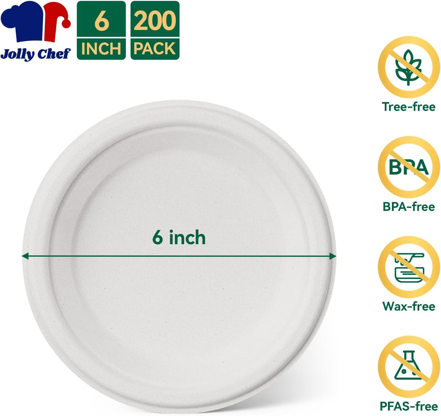 JOLLY CHEF 100% Compostable Small Paper Plates, 200 Pack 6 Inch Heavy Duty Dessert Plates, Disposable Biodegradable Eco-Friendly Sugarcane, Bulk White