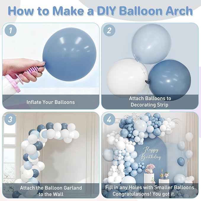 Dusty Blue and White Balloon Garland Arch Kit, 167Pcs Pastel Vintage Smoke Blue Matte White Latex Balloons for Birthday Graduation Baby Shower Gender Reveal Party Decorations