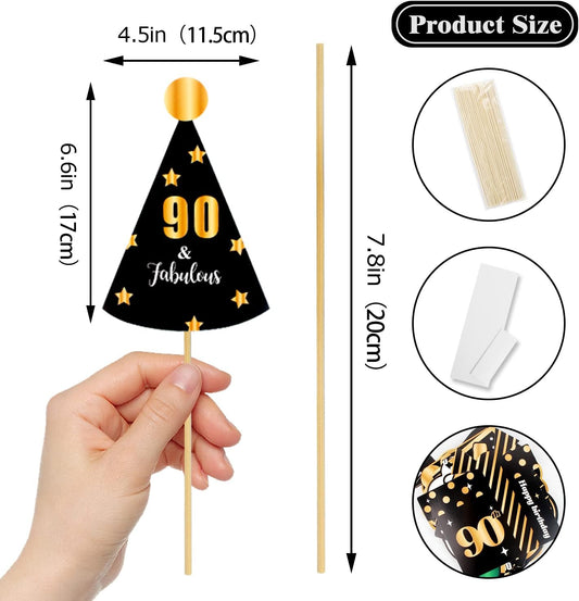 LINGTEER Happy 90th Birthday Party Photo Booth Props,Cheers to 90th Birthday Ninety Years Old Bday Party Centerpieces Props Decorations Sign.
