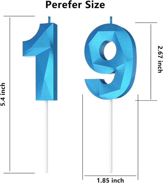 Number Birthday Candles(19 Candle Blue) 3D Diamond Shape Number Happy Birthday Cake Candles for Birthday Party Wedding Decoration Reunions Theme Party