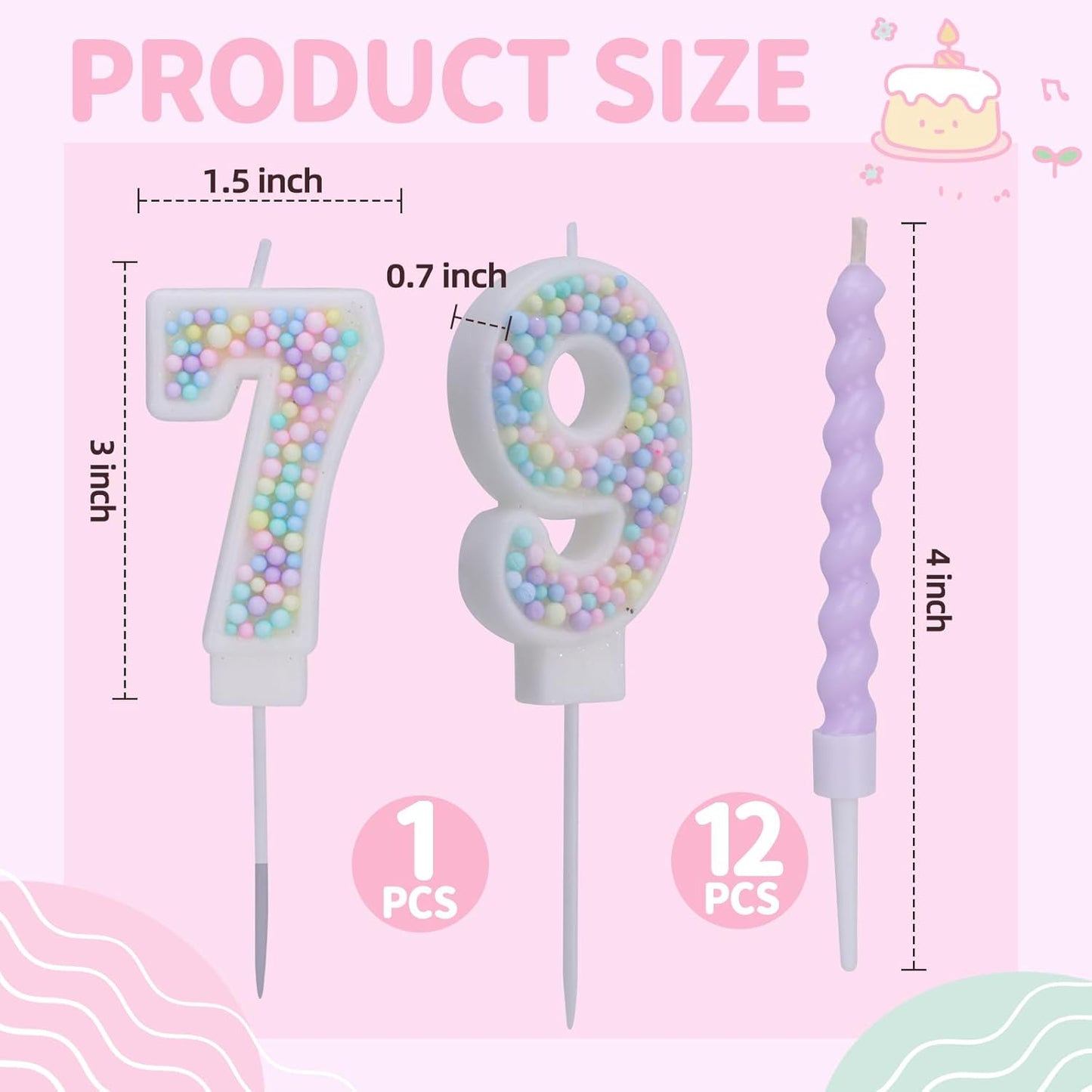 Number 7 Birthday Candles for Cake with 18 Pieces Spiral Candles with Macaron Pastel Rainbow Pink Cake Toppers for Girls Happy Birthday Party Decorations
